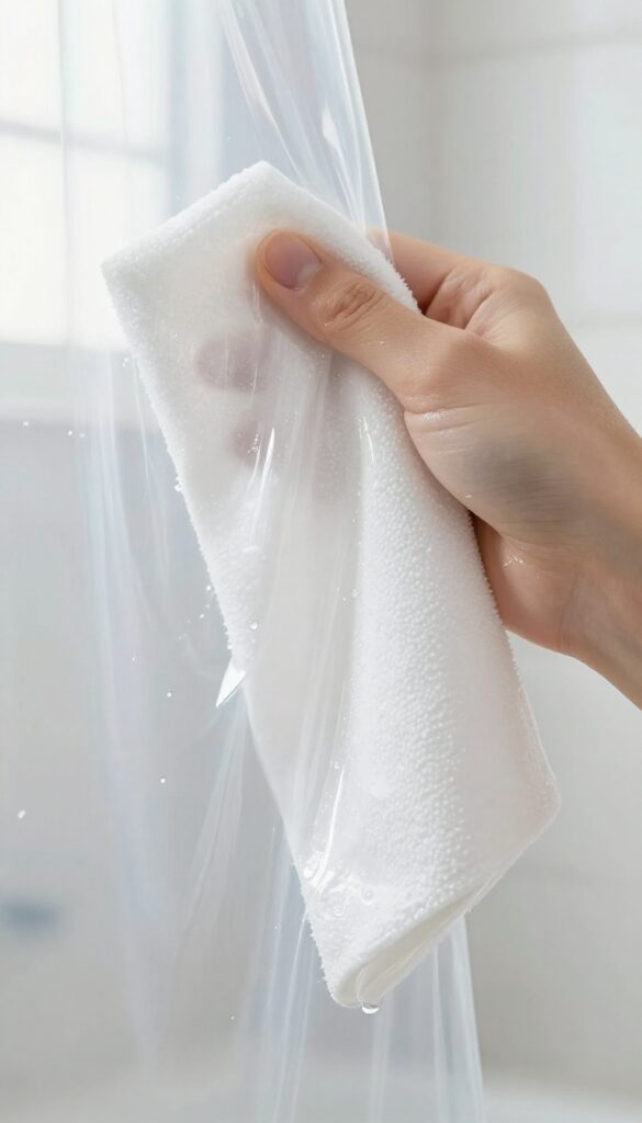 Hand applying baby oil to a plastic shower curtain to repel water and soap scum