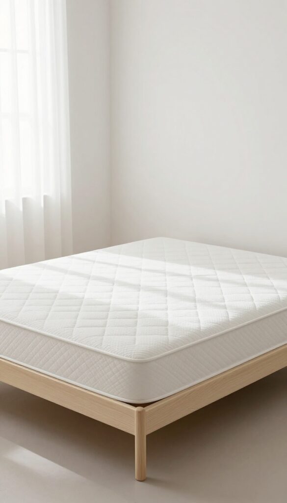 Bare mattress stripped of all bedding in a bright bedroom