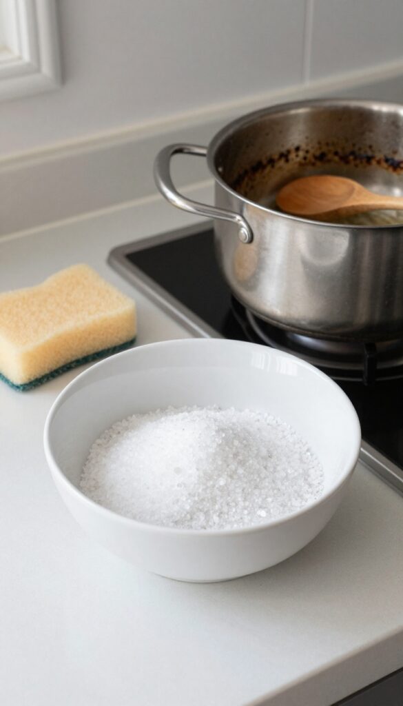 Coarse sea salt in a bowl with a scrubbing sponge and a dirty stainless steel pot on a kitchen counter