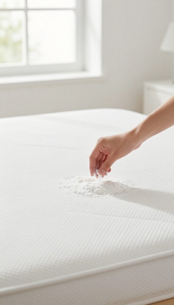 Hand sprinkling baking soda on a mattress in a bright bedroom