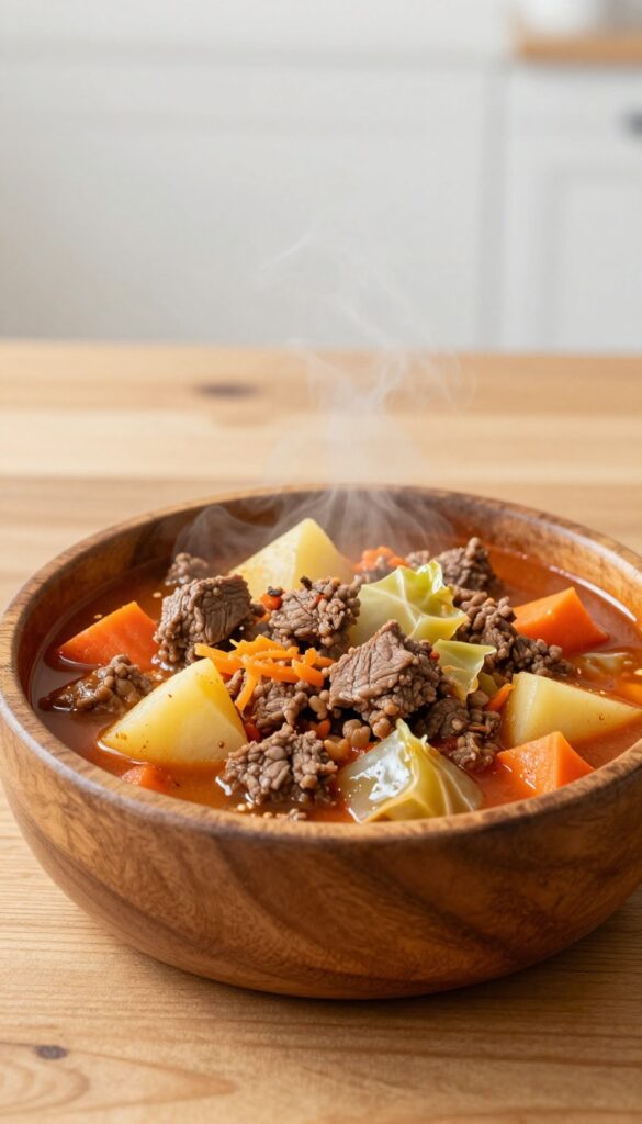 Homemade beef and cabbage stew for dogs in a dog bowl, with ground beef, cabbage, potato, and carrot in broth.