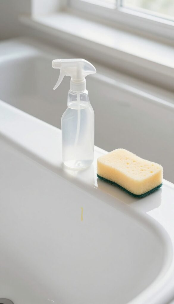 Hydrogen peroxide applied to a bathtub stain with a spray bottle and sponge nearby, bright natural light.