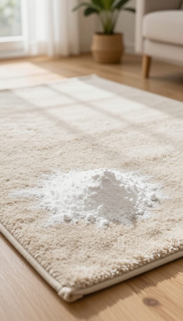 A person sprinkling baking soda on a beige rug in a bright, cozy living room to remove odors.