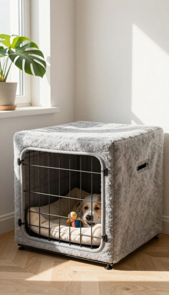 No-sew fleece crate cover on a dog crate in a cozy living room