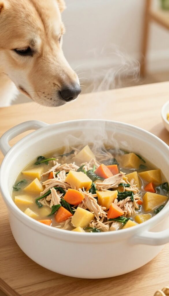 Crockpot filled with chicken, sweet potato, spinach, and carrot stew for dogs, with a dog sniffing a bowl of the food.