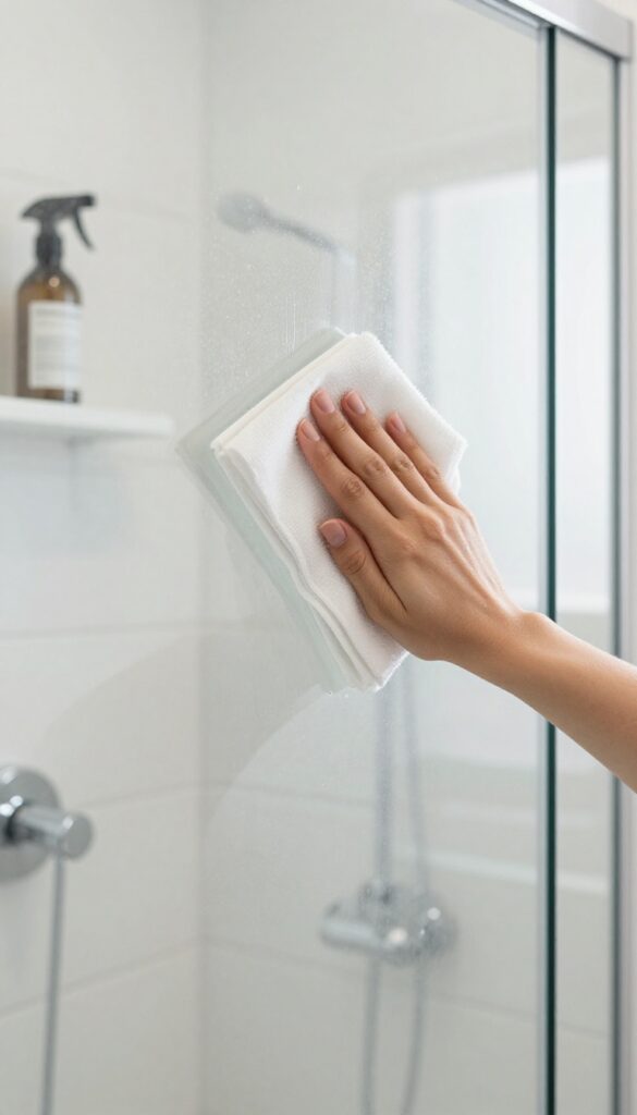 Clear glass shower door being wiped with microfiber cloth, sparkling clean, no labels