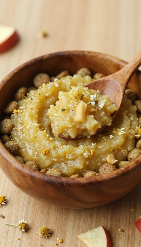 Homemade chamomile and applesauce dog food topper sprinkled over kibble in a wooden bowl, with dried chamomile flowers beside it.