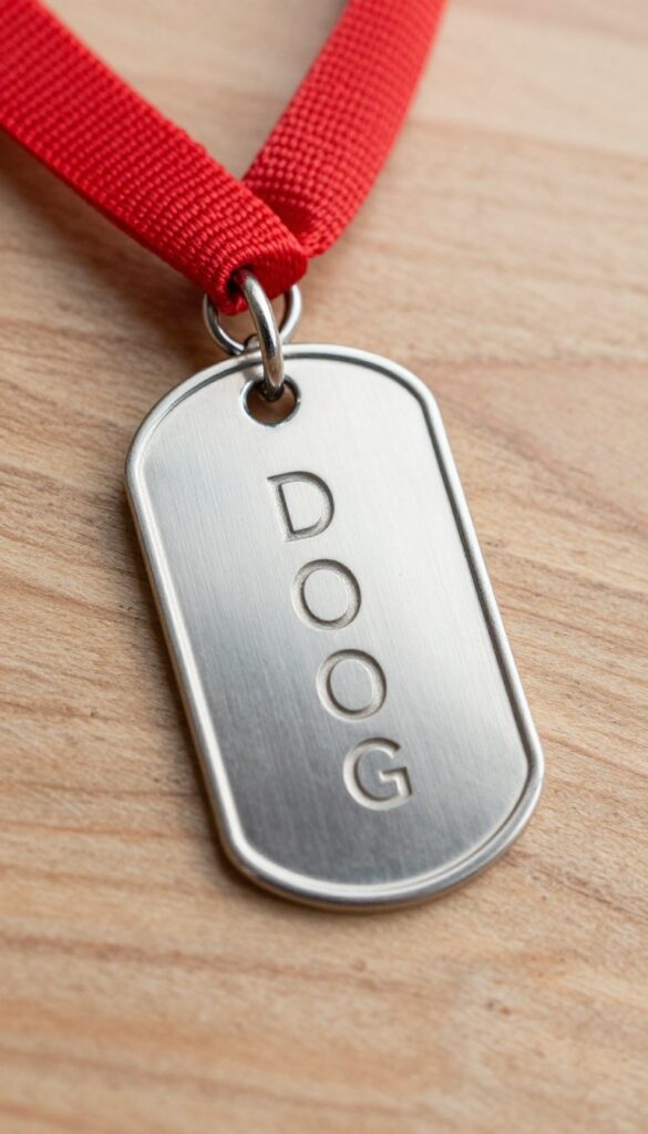 Classic engraved stainless steel dog tag on a wooden surface next to a red collar