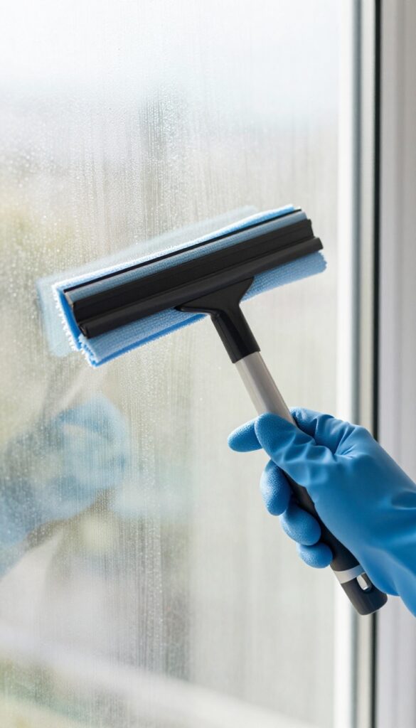 Person wiping squeegee blade with cloth to avoid streaks while cleaning window