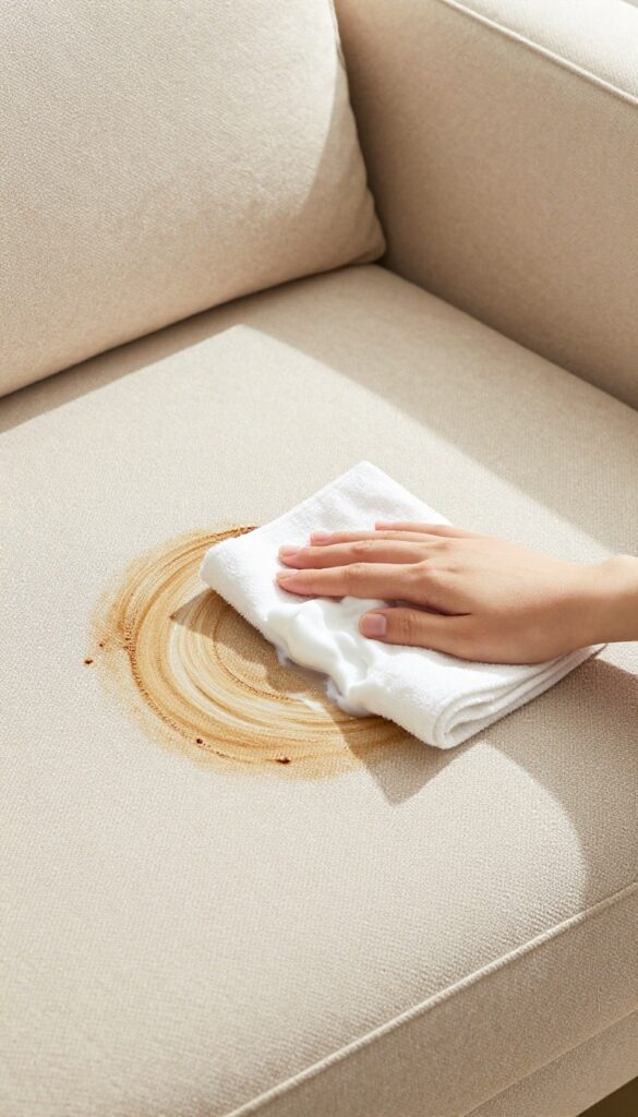 Cleaning a sofa stain with shaving cream using a damp microfiber cloth