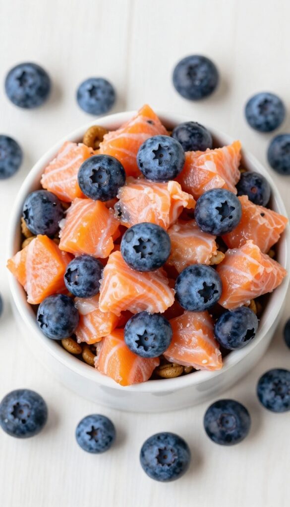Dog bowl with kibble topped with salmon and blueberry mixture, bright natural light, overhead view.