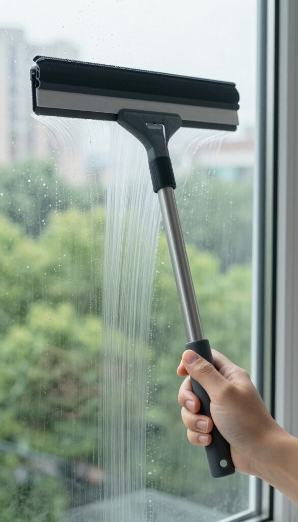 Person using squeegee with sharp blade on wet window, leaving streak-free shine, bright natural light, garden view outside.