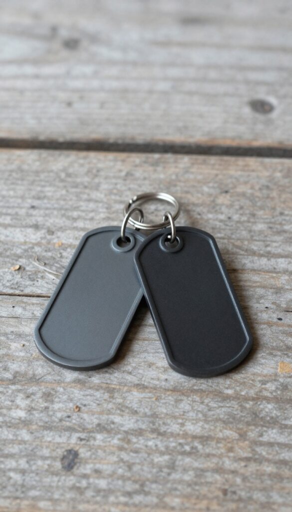 Two military-style dog tags on a split ring, brushed stainless steel with matte black finish, lying on weathered wood.