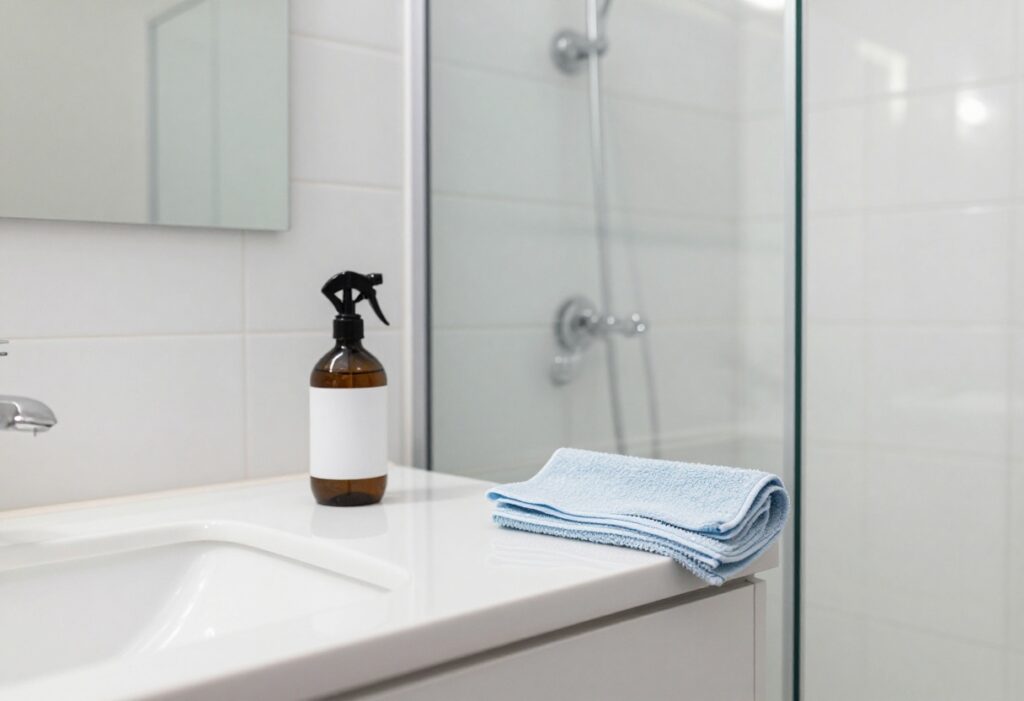 Clean bathroom with glass shower door and cleaning supplies on counter