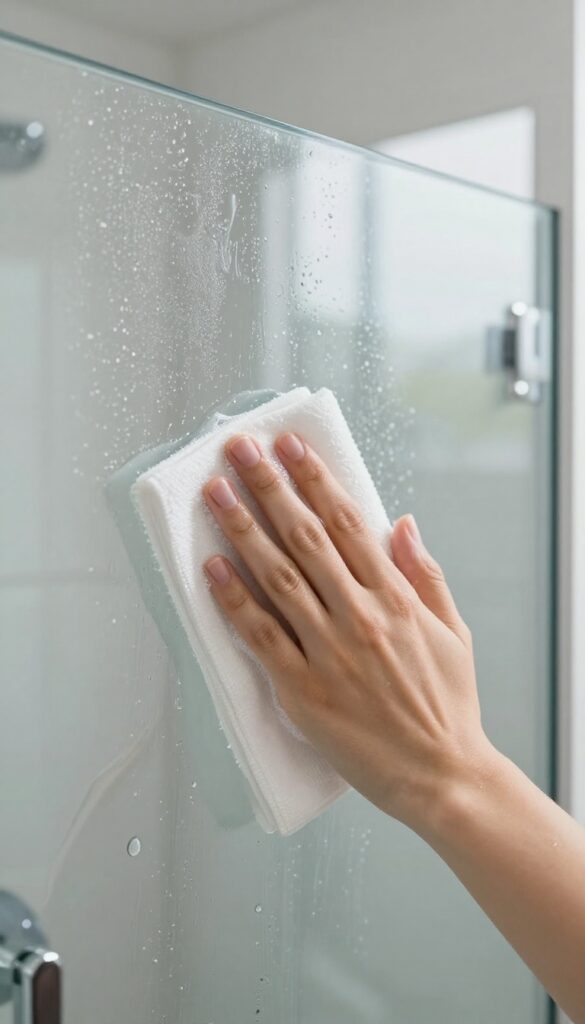 Hand applying car wax to shower glass with a microfiber cloth, showing water beading on the glossy surface.