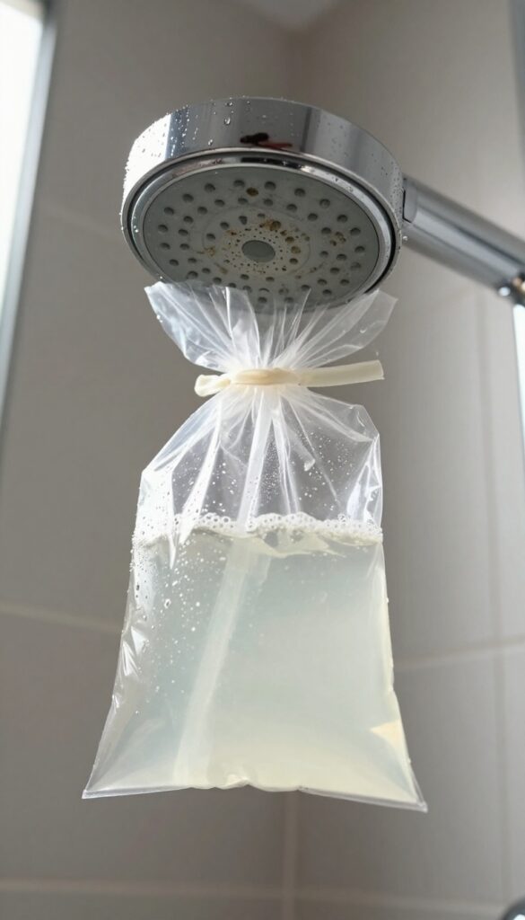 Showerhead soaking in a vinegar-filled plastic bag tied with a rubber band to remove mineral buildup.