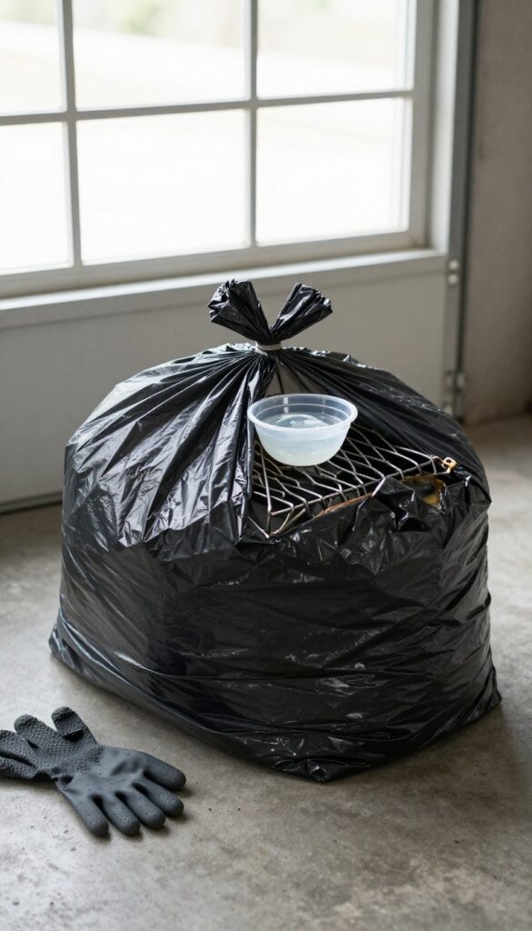 Oven racks sealed in a trash bag with ammonia for an overnight soak to remove grease.