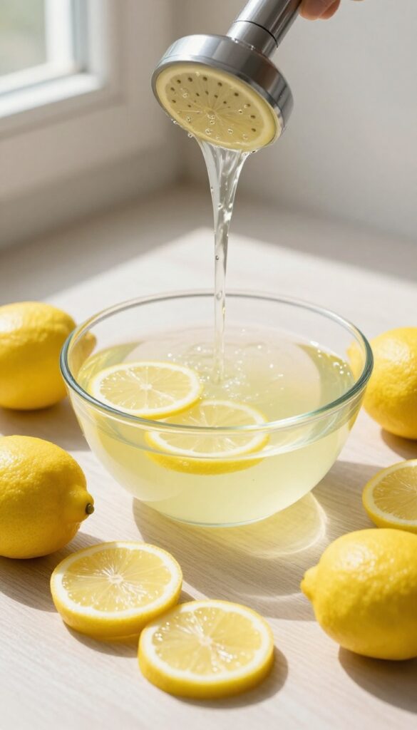 Shower head soaking in lemon juice with fresh lemons on a wooden surface.