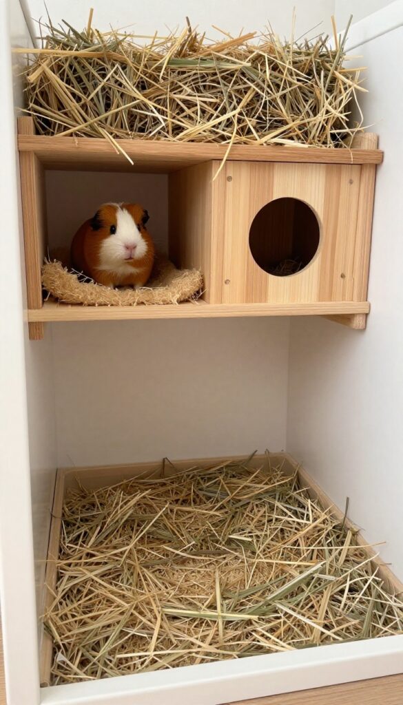 Guinea pig enclosure corner with wooden hideout and hay rack, clean bedding and litter tray, bright natural light.