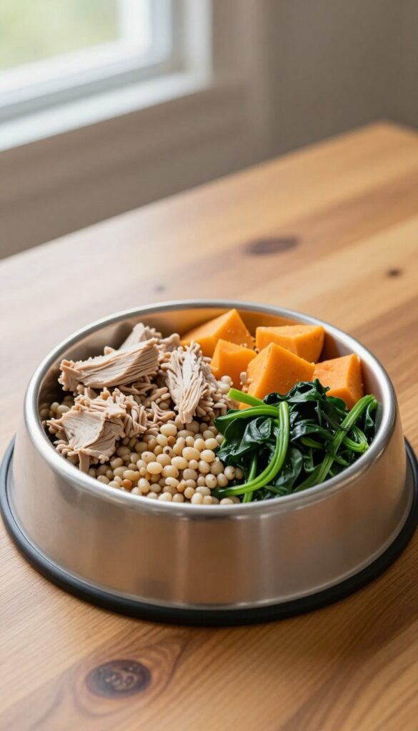 Homemade dog food bowl with turkey, barley, sweet potato, and spinach.