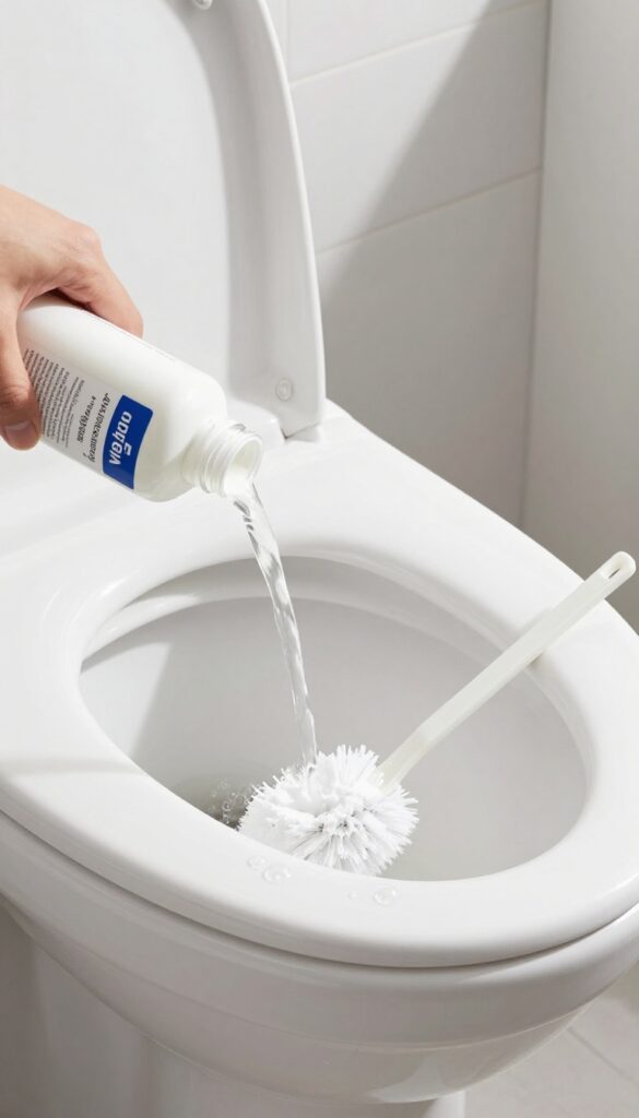 Baking soda and vinegar fizzing in a toilet bowl to remove stains