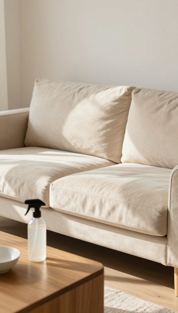 Plush beige microfiber couch in sunlit living room with spray bottle on wooden table