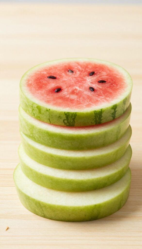 A stack of watermelon and apple rounds on a wooden board, a refreshing homemade dog treat.