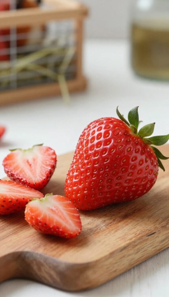 Fresh strawberries on a wooden cutting board near a guinea pig cage