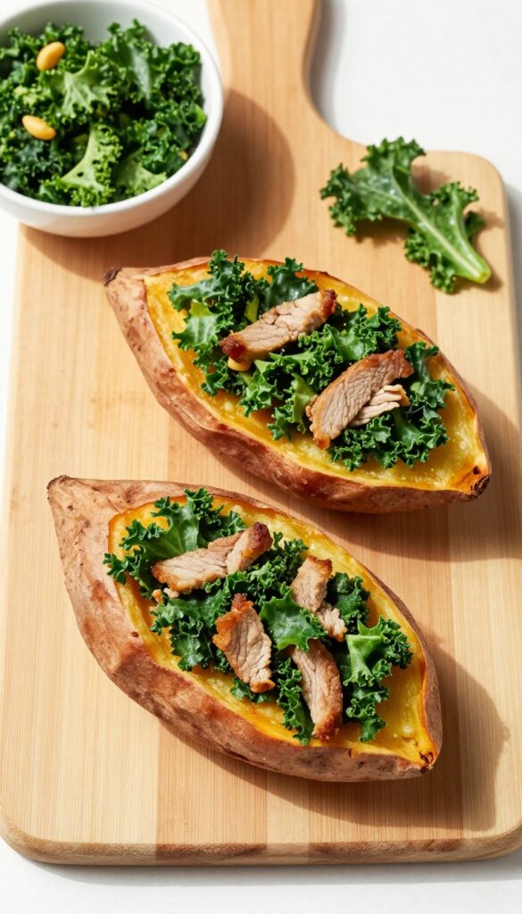 Baked sweet potato halves stuffed with ground pork and kale, ready for dog meal prep.