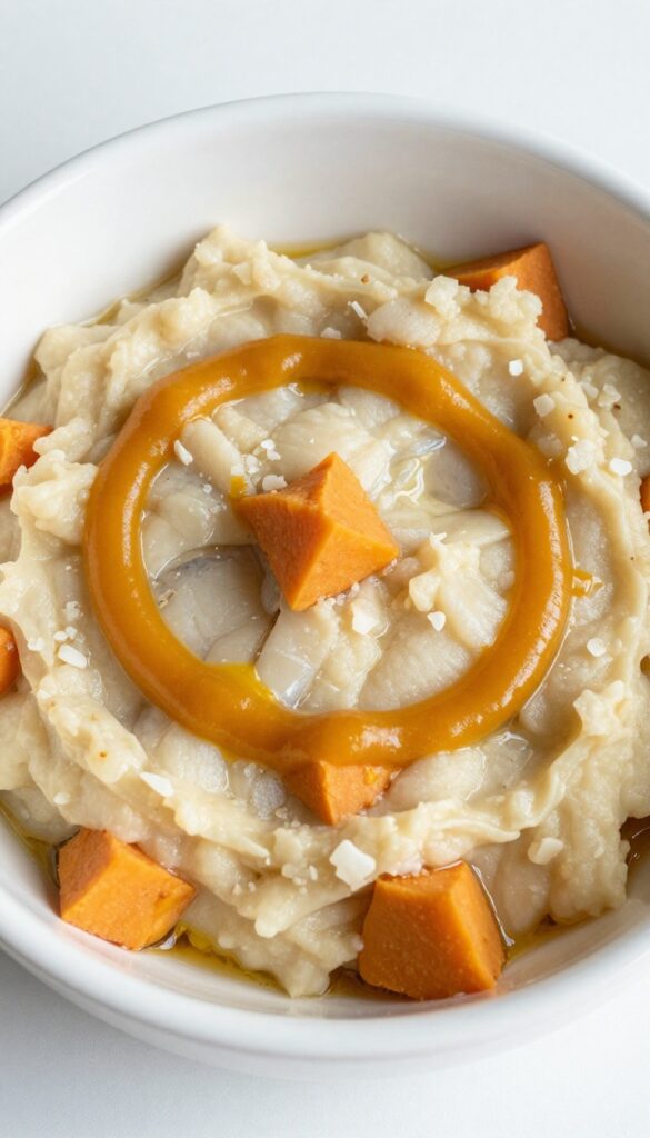 Creamy haddock and sweet potato mash in a dog bowl, homemade dog meal with fish and pumpkin, gentle protein recipe for dogs.