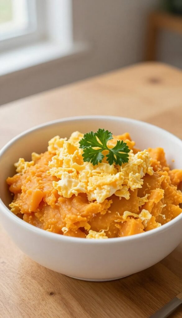 Homemade dog meal of scrambled eggs with mashed sweet potato in a bowl, soft and comforting for dogs.