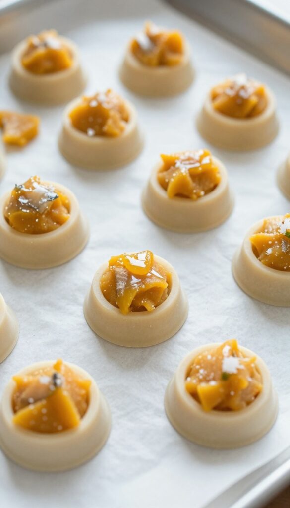 Frozen mackerel and pumpkin dog treats in a silicone mold, with a few bites on parchment paper, photorealistic pet food photography.