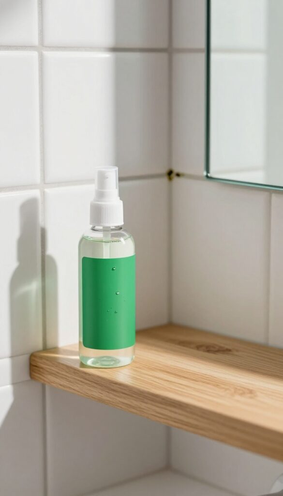 A spray bottle of tea tree oil solution on a bathroom shelf, targeting mold on grout, with bright natural light.