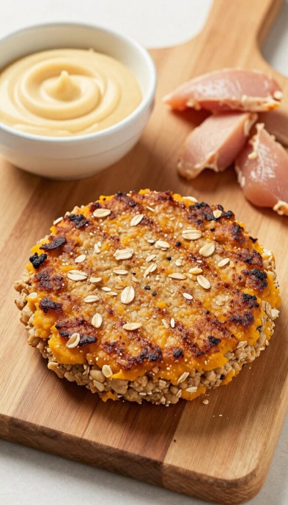 Homemade chicken and pumpkin dog burger patty on a wooden board, with pumpkin puree and raw chicken nearby, photorealistic pet food photography.