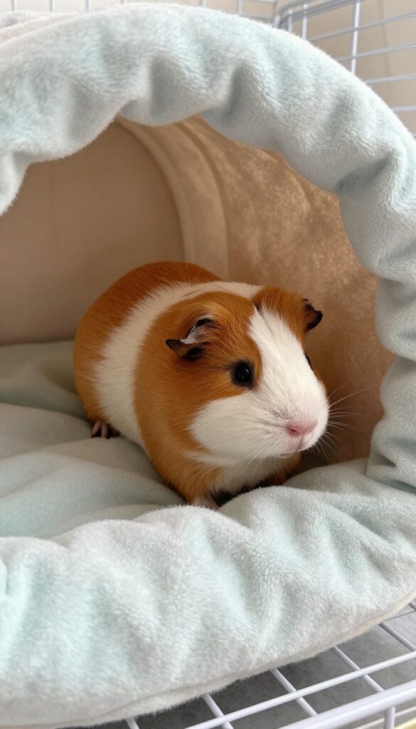 Guinea pig peeking out from a fabric tunnel in a cage corner