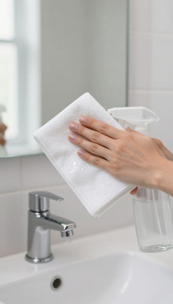 Cleaning a bathroom mirror with rubbing alcohol and microfiber cloth for a streak-free shine.