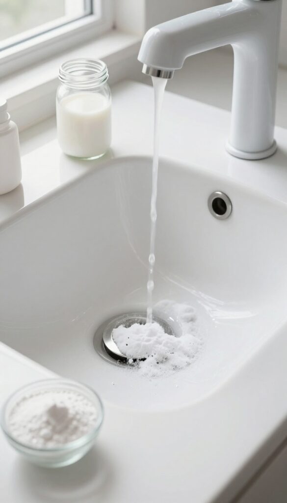 Baking soda and vinegar fizzing in a bathroom sink drain, with ingredients on the counter, natural light, clean spa-like setting.