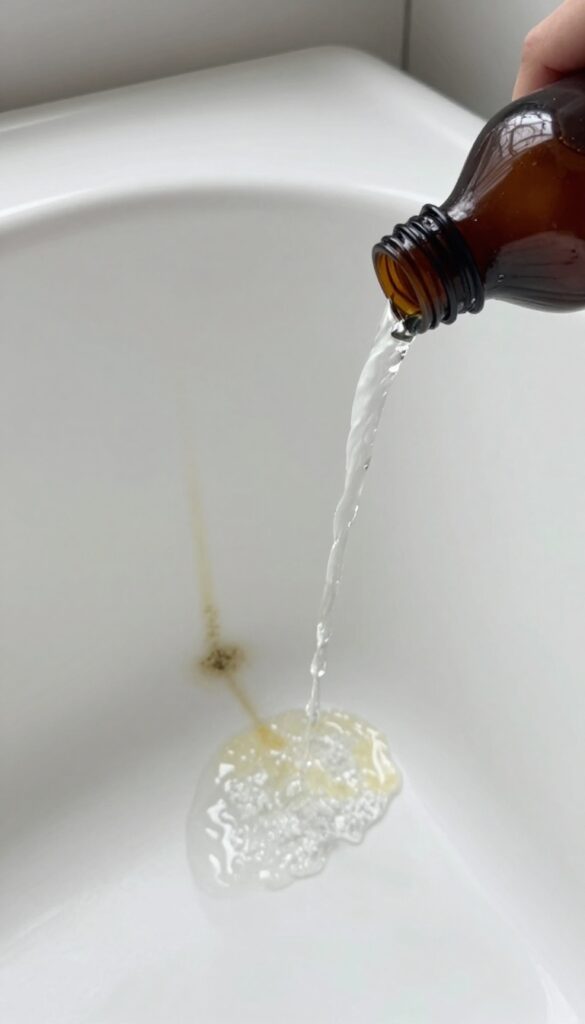 Hydrogen peroxide being poured onto a stain in a white porcelain bathtub, with natural light highlighting the clean surface.