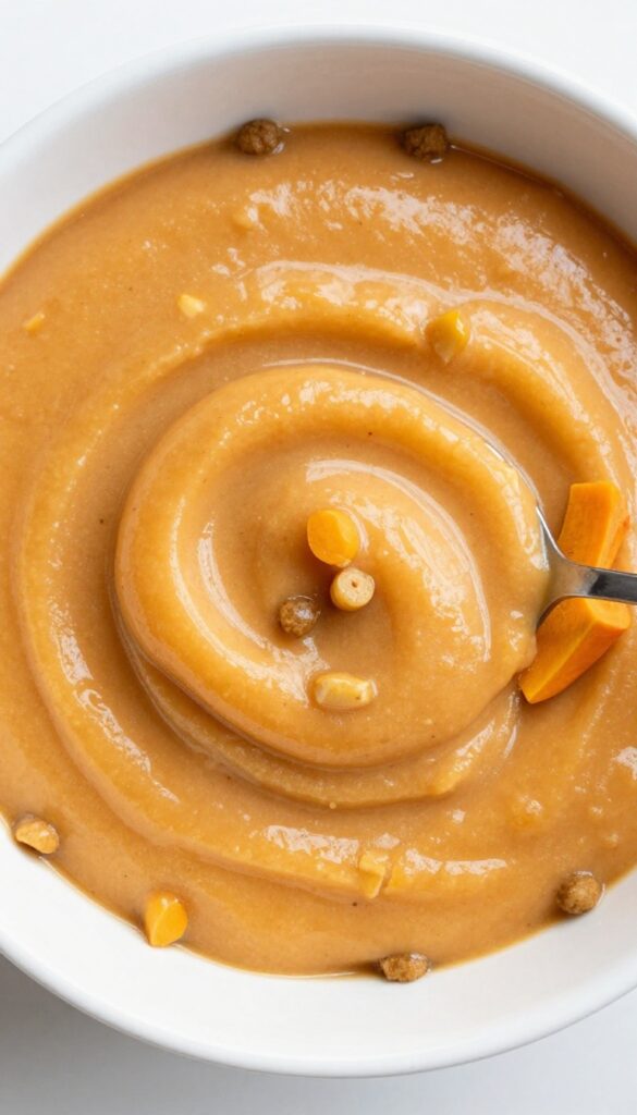 Spoonful of parsnip and pumpkin puree topper over dog kibble in a bowl, with extra puree and ingredients on the side.