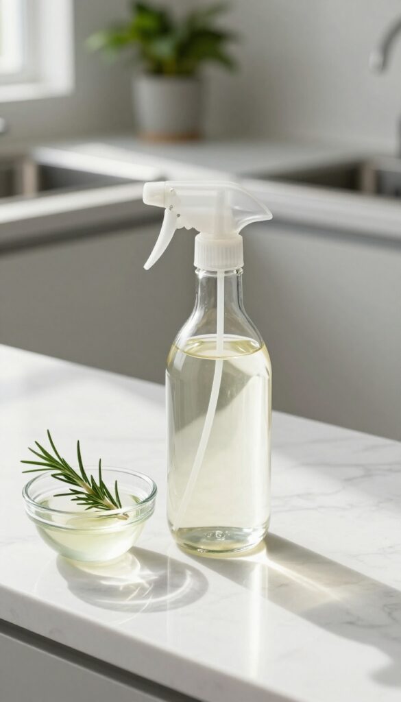 White vinegar spray bottle on marble countertop with natural light and rosemary sprig