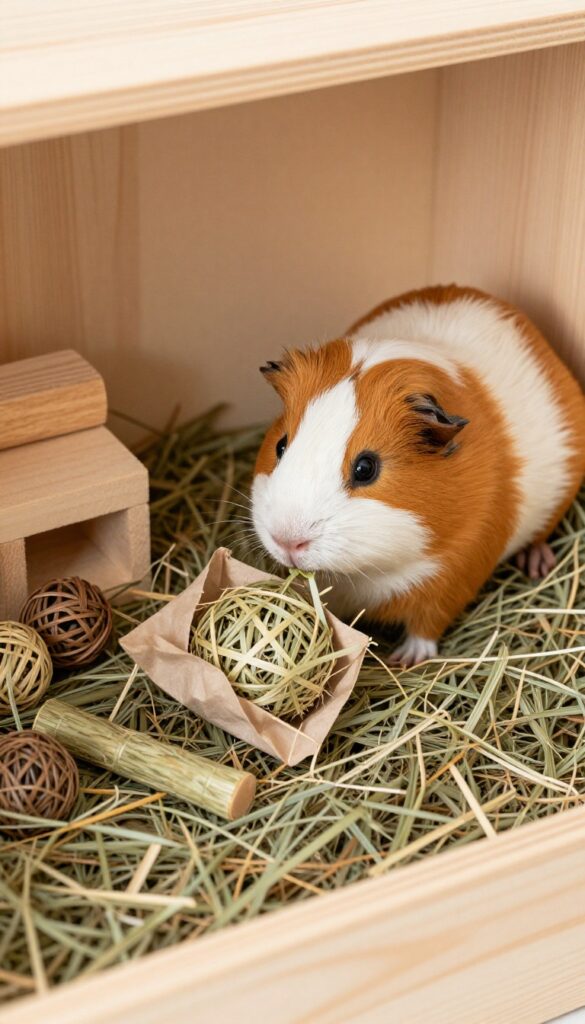 Guinea pig cage setup with chew toys and enrichment items for dental health and mental stimulation