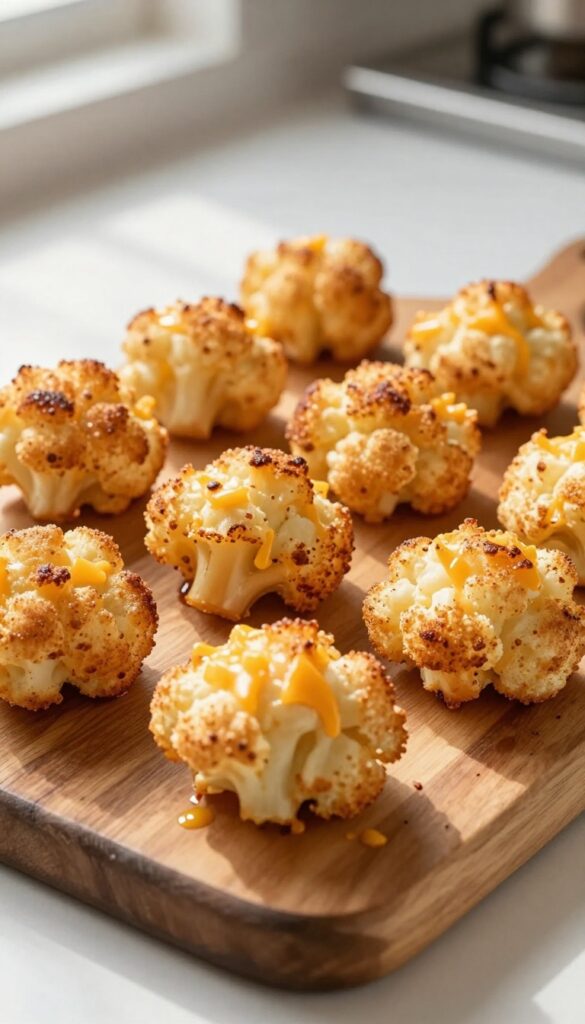 Homemade cheesy cauliflower poppers for dogs, baked golden brown and arranged on a wooden platter.