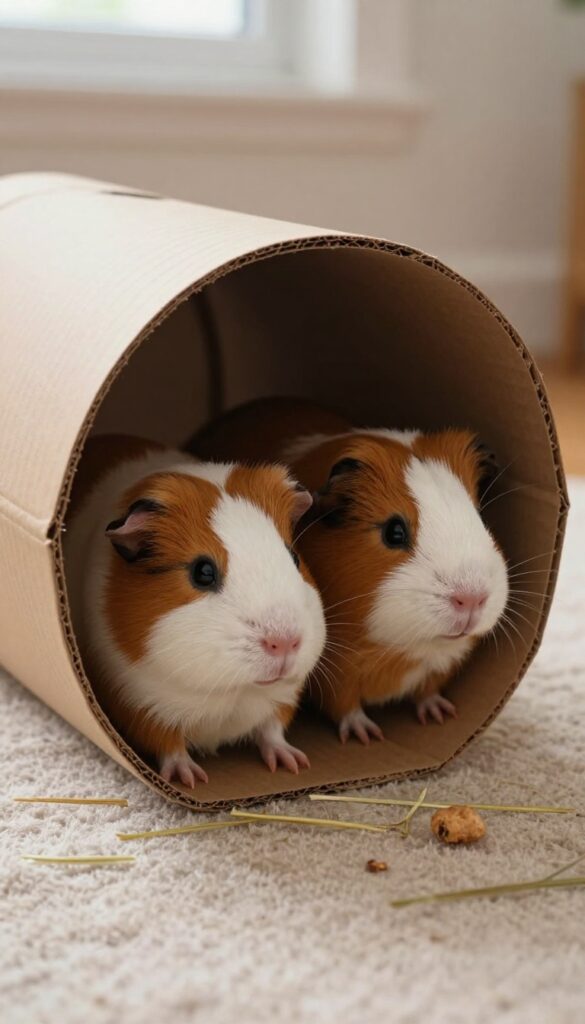 Two guinea pigs playing in a cardboard tunnel on a rug with natural light