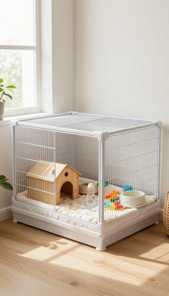 L-shaped guinea pig cage in a corner of a bright room with separate zones for sleeping, eating, and playing