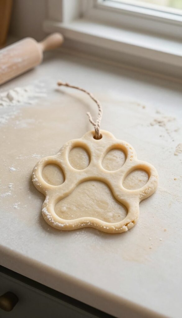 Salt dough paw print ornament with twine ribbon on a rustic kitchen countertop