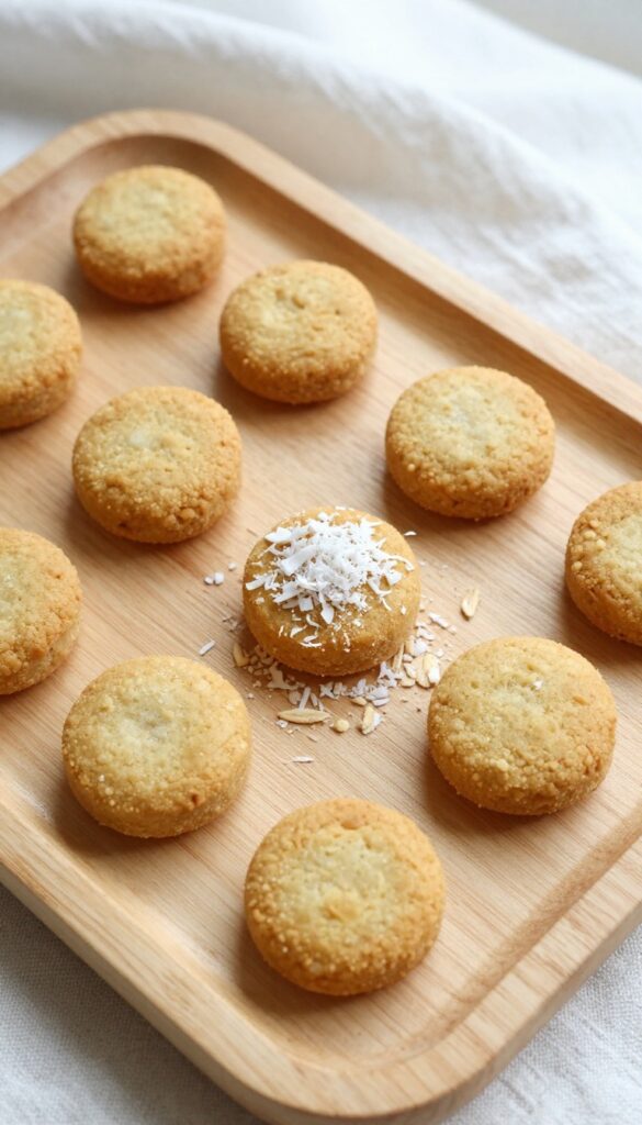 Homemade pumpkin and coconut dog treats, rolled into small bite-sized balls, arranged on a wooden tray with shredded coconut and oat flour nearby.