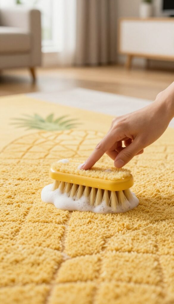 Person gently scrubbing a colorful area rug with a soft brush in a bright living room