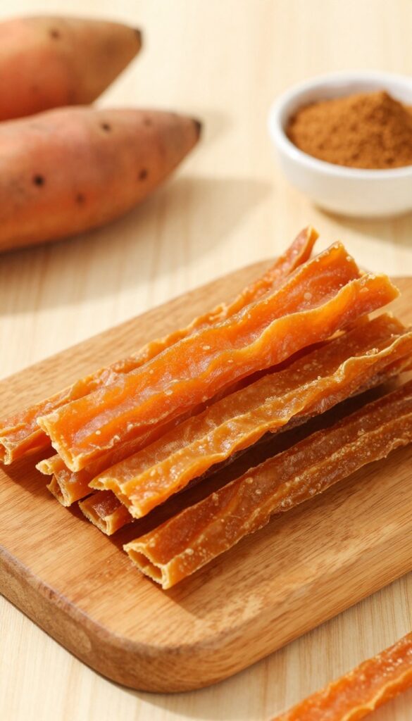 Homemade sweet potato chews for dogs, arranged on a wooden board in natural light.