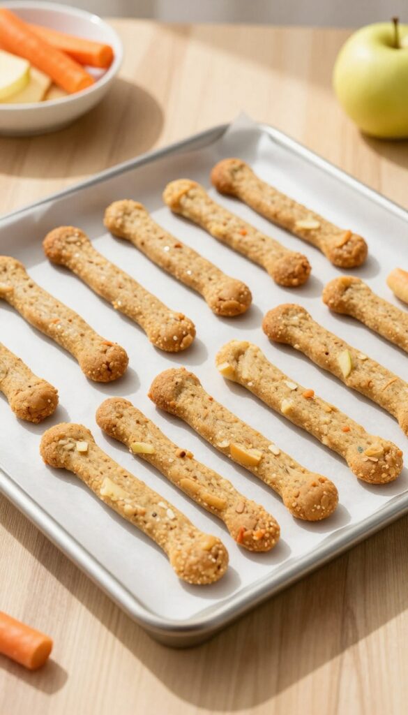 Homemade soft dog treats made with apple and carrot, shaped into sticks and baked on a parchment-lined sheet.