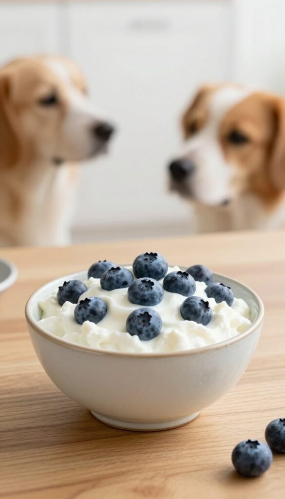Small bowl of cottage cheese and blueberries for dogs, served as a healthy treat.